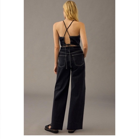NWT ETICA Cami Halter Black Pearl Denim Jumpsuit Crop Wide Leg Size M - Picture 7 of 8